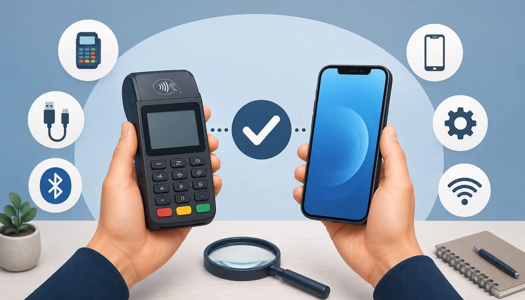 Mobile card reader and smartphone compatibility check with Bluetooth connection icons
