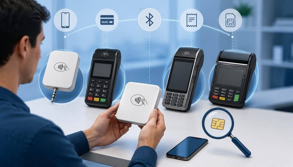 Person identifying different mobile card reader types and payment terminals