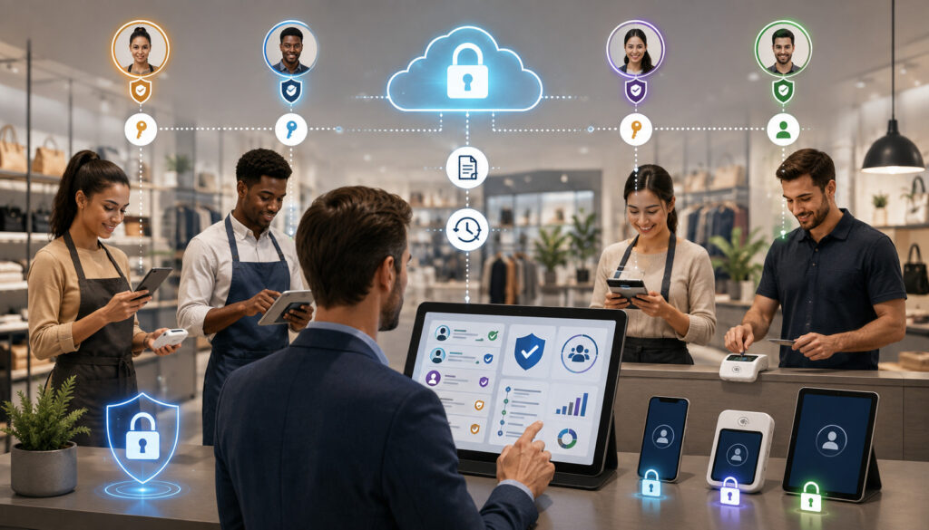 Employees using assigned mobile payment devices with secure individual access