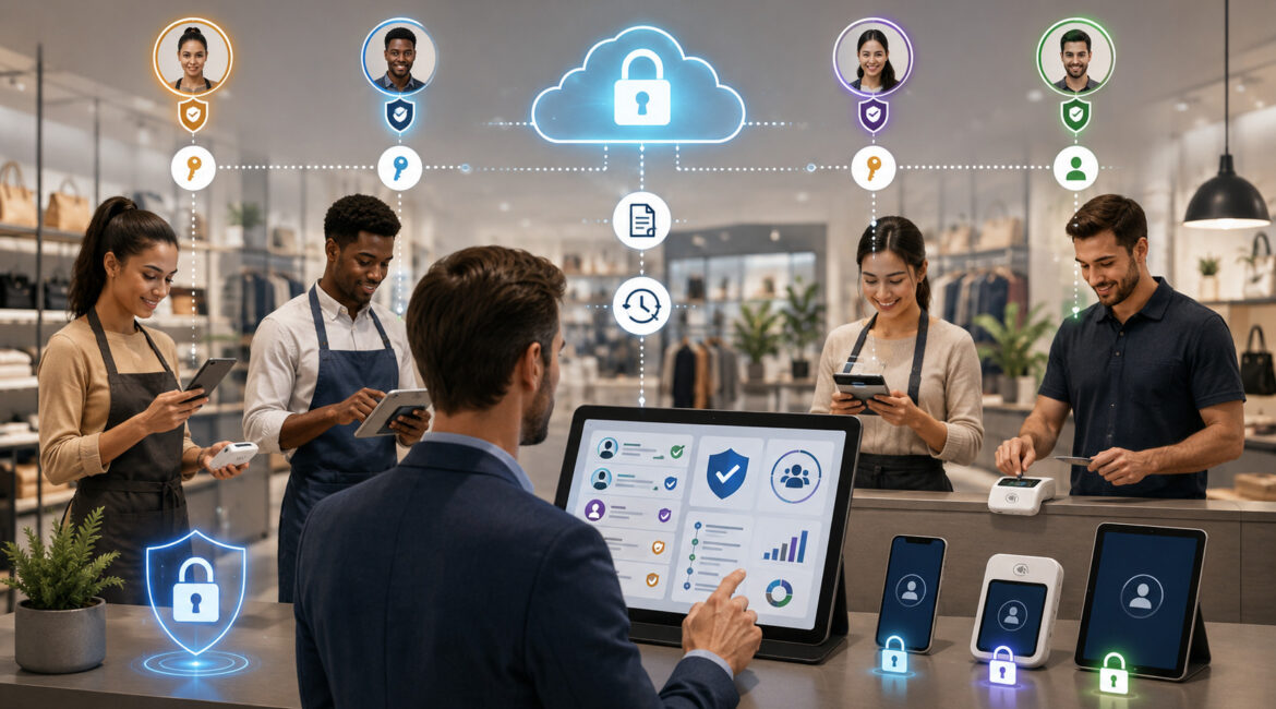 Employees using assigned mobile payment devices with secure individual access